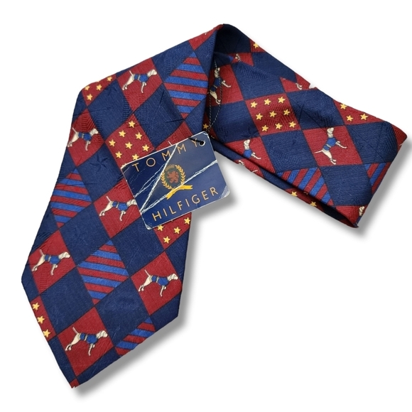 TOMMY‎ HILFIGER x VINTAGE Silk Tie Preppy 100% Silk New Old Stock NWT dog print - Picture 1 of 9